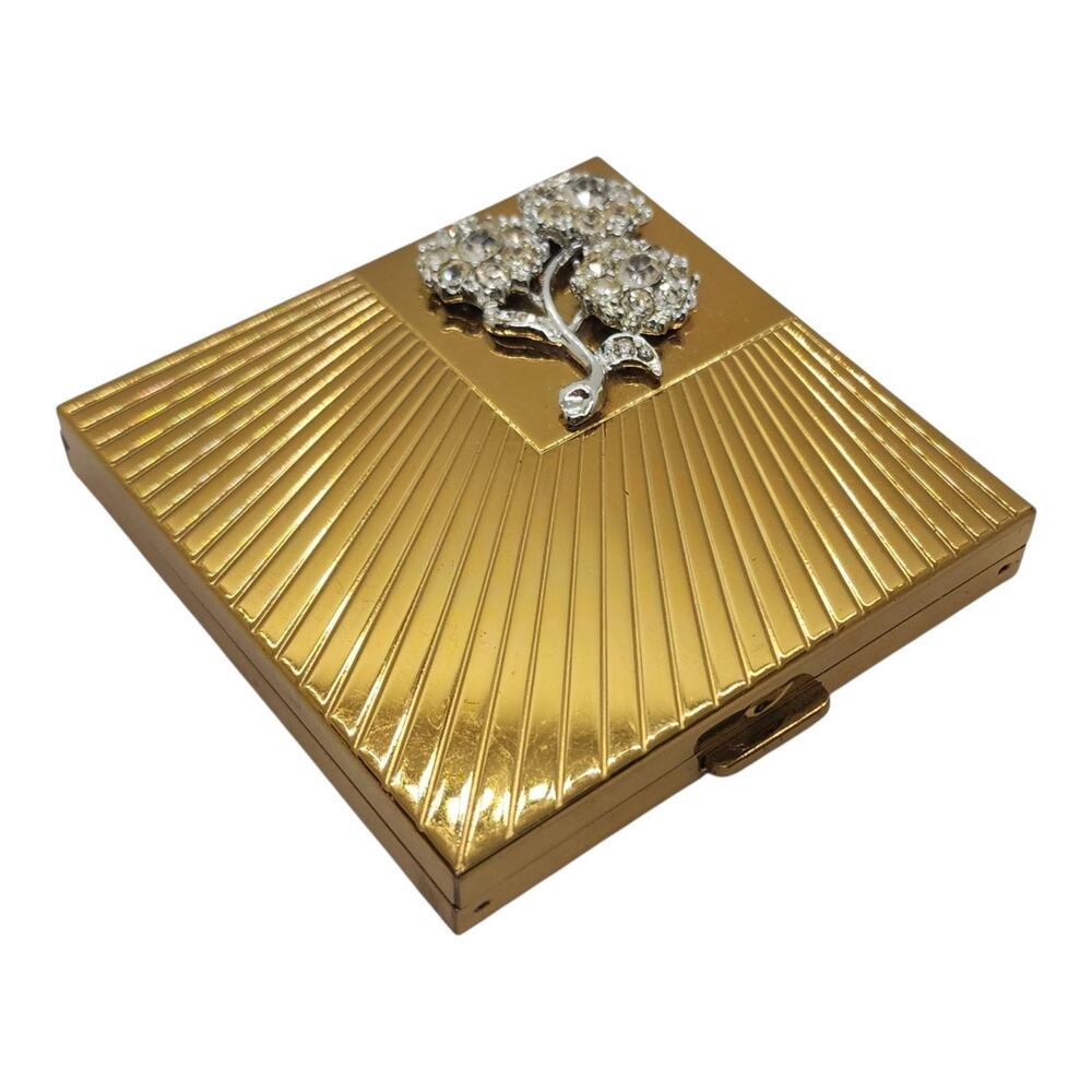 Vintage Volupte Rhinestone Flower Powder Compact Gold Tone Sunburst Mirror